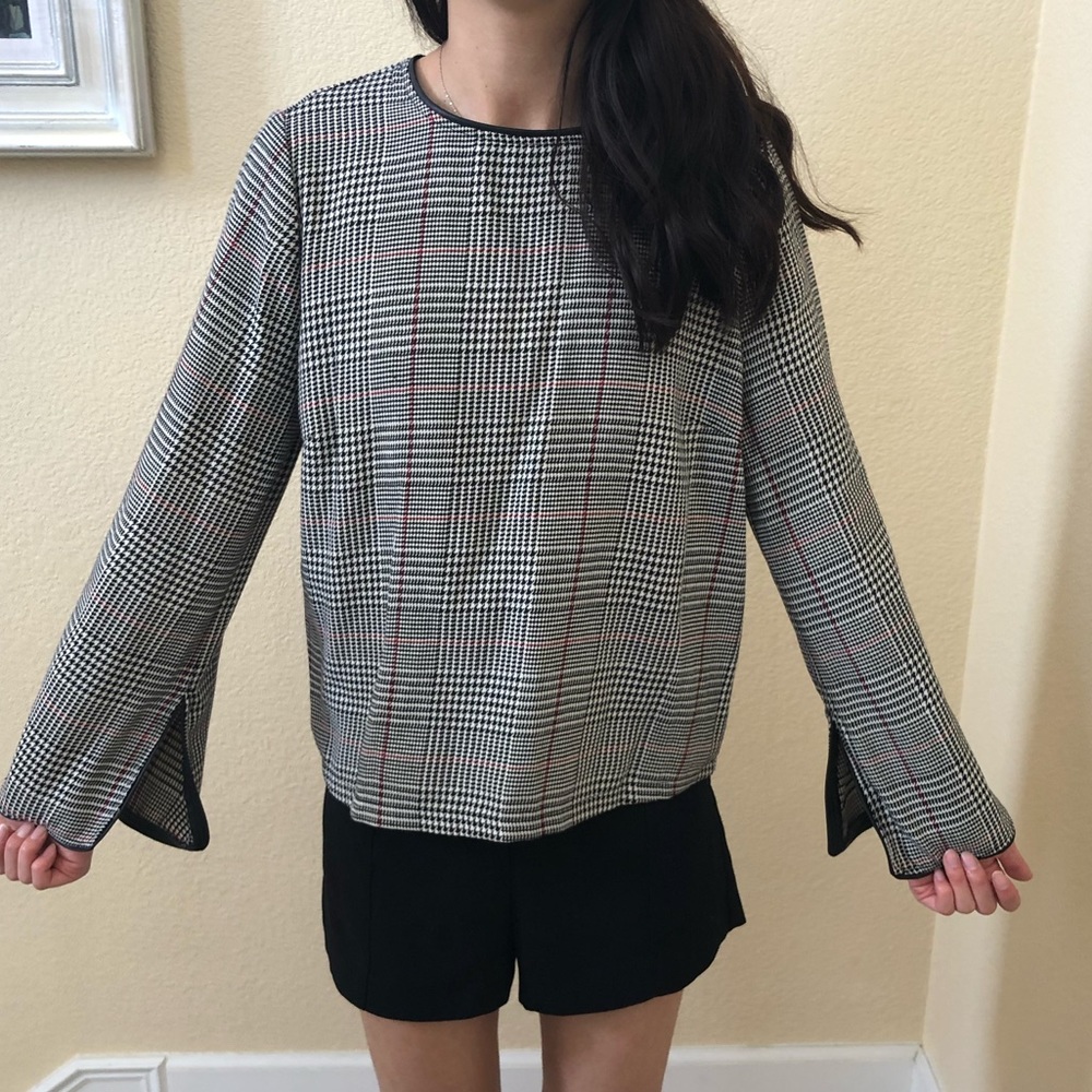 Zara plaid detail sleeve slit blouse